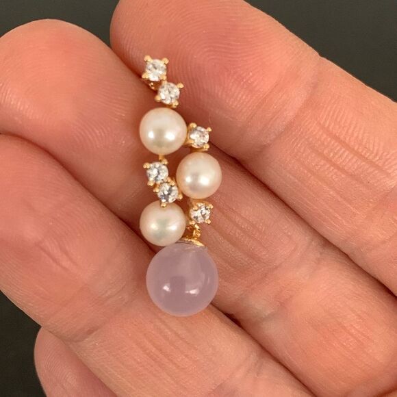 Purple Chalcedony & Real Pearl Drop Earrings with Rhinestones Vintage Style Gift - Picture 4 of 8